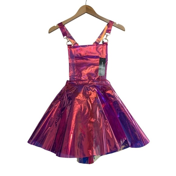 Dolls Kill Dresses & Skirts - Dolls Kill Club Exx Holographic Overall Dress Womens S Pink Rave Party Cyberpunk